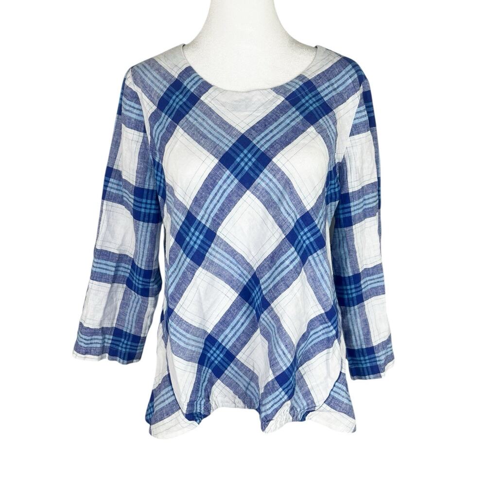 Habitat Blue White Plaid Linen Cotton Tunic Top Coastal Minimalist Boho Size XS